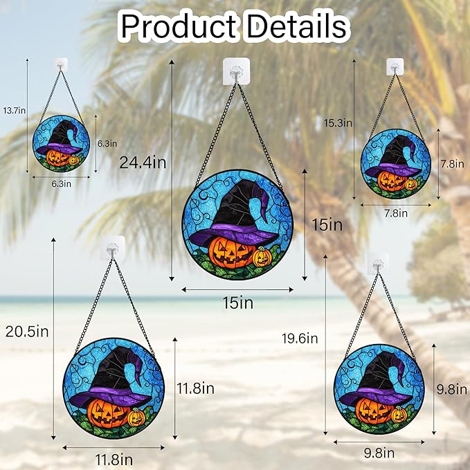 Stained Glass Window Hanging Halloween Horror Pumpkin 11.8" - Suncatcher Door Garden Sunroom Purple Black Witch Hat Sun Catcher Birthday for Friend Mom Men Woman Nana