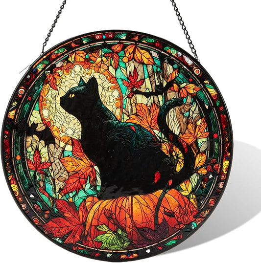 Stained Glass Window Hanging, Halloween Decorations Black Cat Maple Leaf Suncatcher for Doors Garden Indoor Funny Spooky Sun Catchers Gothic Decor for Women, Men, and Mom 8 in