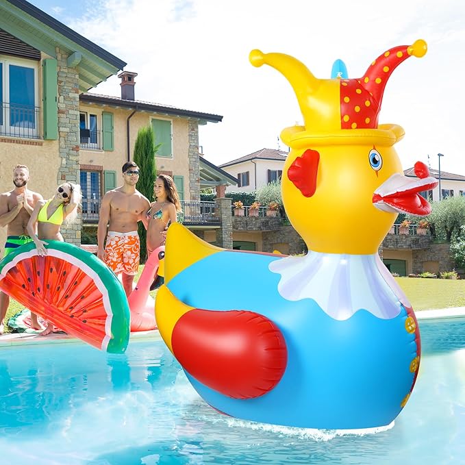 2Pcs 4.6 Feet Giant Inflatable Duck Outdoor Decorations,Huge Blow Up Yard Yellow Duck with Red Blue Clown Cloth Duck Pool Float for Summer Beach Pool Carnival Birthday Party Garden Decor
