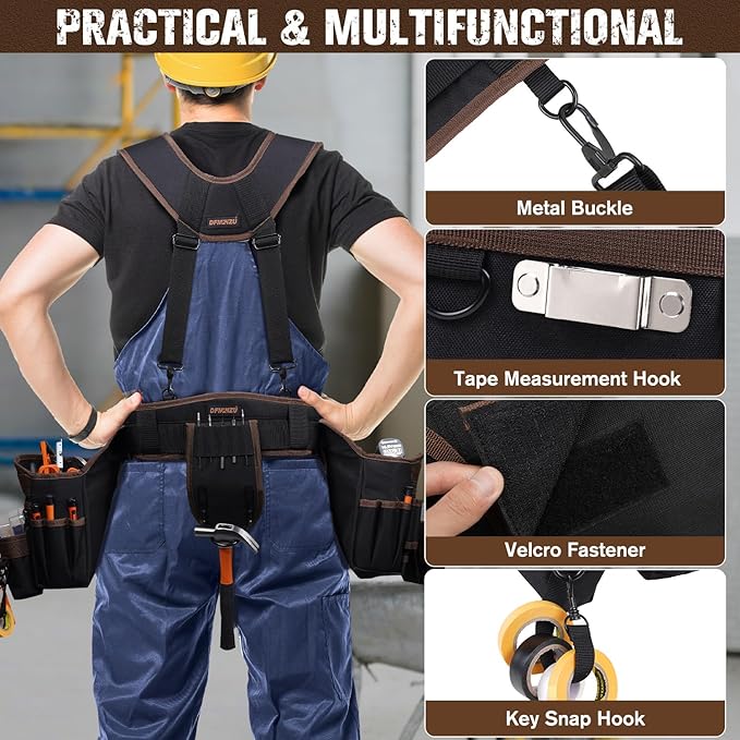Tool Belts for Men, 36 Pockets Tool Belt with Suspenders, Heavy Duty Tool Belt Suspenders with Detachable & Adjustable Tool Pouches Bag for Electrician, Carpenter, Construction, Framers(35"-61")
