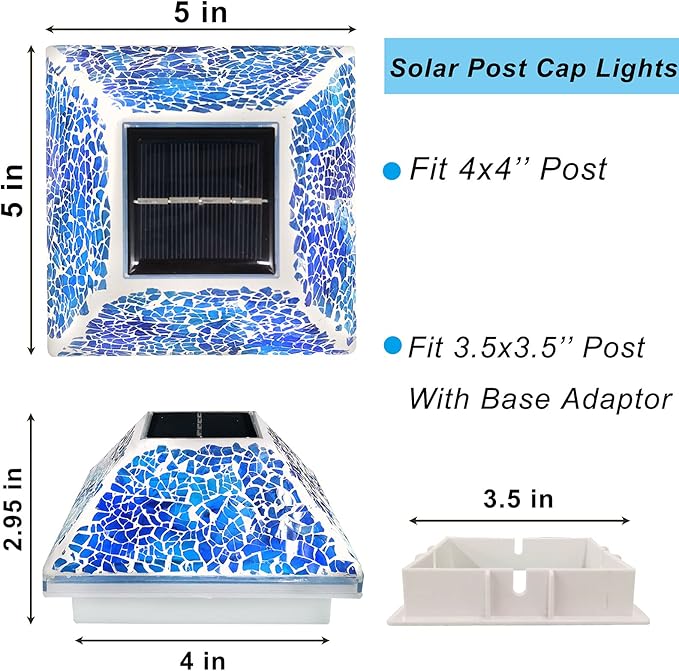 SUNNYPARK 2PK Mosaic Solar Post Cap Lights Outdoor for 4x4, 3.5x3.5 Post Crackled Glass Deck Fence Lamp Weatherproof LED Light Decor in Garden, Yard, Outdoor Table, Balcony, Landscape- Cyan Blue