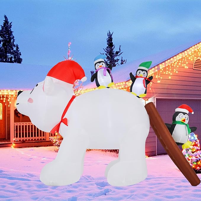 8FT Long Christmas Inflatables Decorations, Outdoor Penguins & Polar Bear Giant Blow Up with Built-in LED Lights for Yard Garden Lawn Holiday Decor