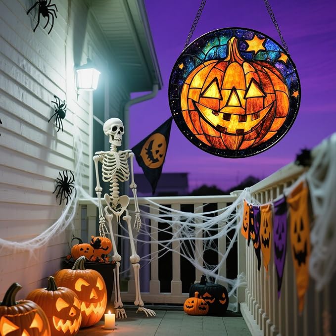 Stained Glass Window Hanging Halloween Horror Golden Pumpkin 9.8" - Suncatcher Door Garden Sunroom Gothic Style Sun Catcher Birthday for Friend Mom Men Woman Nana