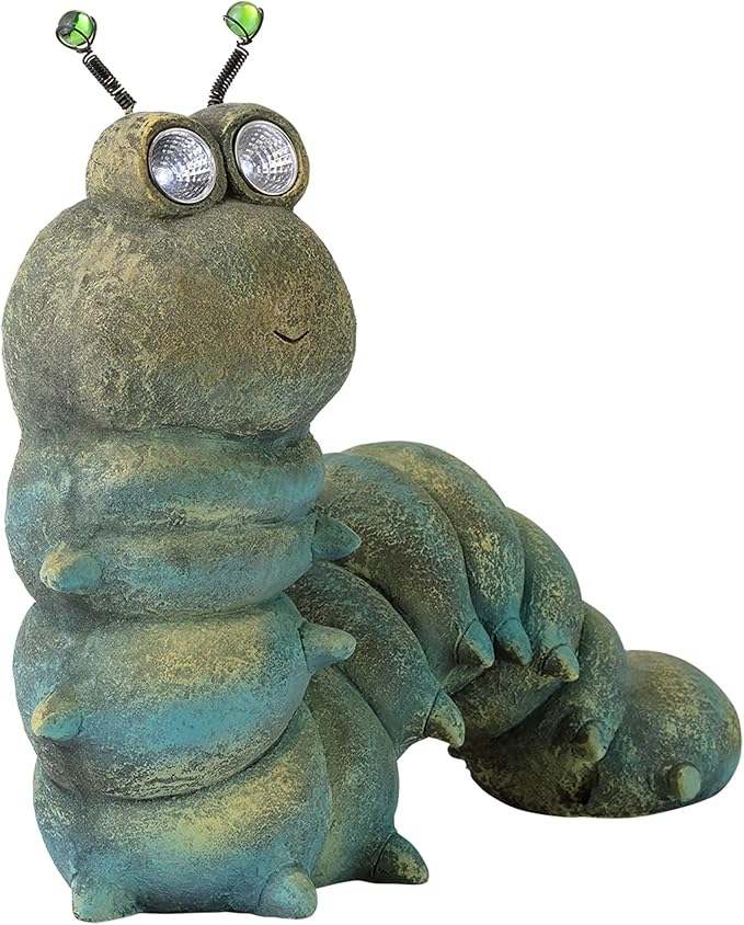 Alpine Corporation FCC121SLR Outdoor Solar Powered Garden Caterpillar Statue with LED Lights, 16" H, Green