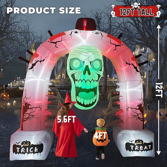 DILANSHOP 12FT Halloween Inflatable Arched Door Giant Scary Skeleton with Built in LED Lights, Spooky Outdoor Decoration for Front Yard Lawn Garden - Halloween Party Holiday Blow Up Decor