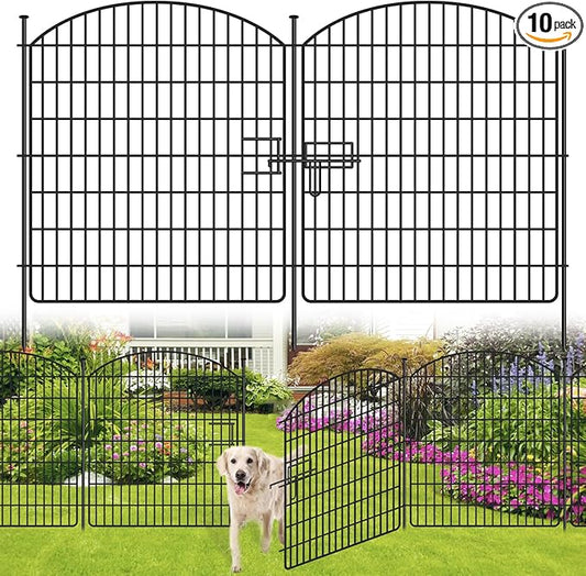 10 Panels No Dig Garden Fence with Gate, 32in x 24.2ft Decorative Dog Fence Outdoor for Yard, Tall Animal Barrier Fencing Rustproof Metal Garden Edging Border, Temporary Fencing for Outdoor, Patio