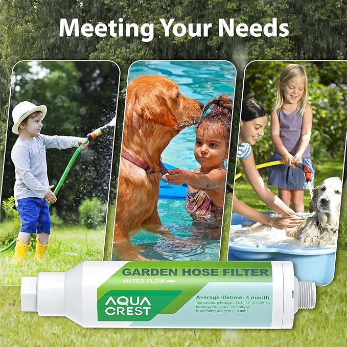 AQUA CREST Garden Hose Water Filter for Plants, Greatly Reduces Chlorine, Odor, Improve Plants Health, Ideal for Organic Gardening, Farming and Pets, 4 Pack with 2 Hose Protector
