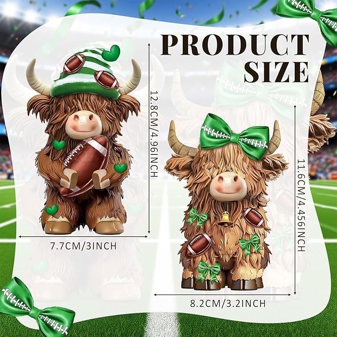 2 Pack Football Highland Cow Resin Figurine Decor Bathroom Highland Cow Gnomes with Football Scarf Resin Statue for Garden Table Shelf Home Decor Calf Gnome Herd Gifts