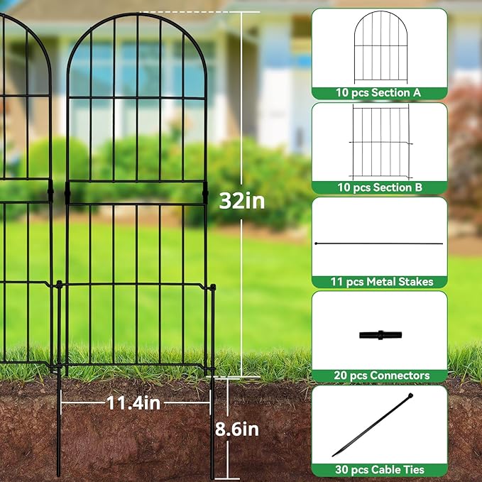 GOTGELIF 10 Pack 32in(H) X 10ft(L) Decorative Fence, Arched Fence - Easy to Disassemble & Install & No Dig Metal Garden Fence Border with 11 Metal Stake for Flower Bed, Landscape, Yard, Patio