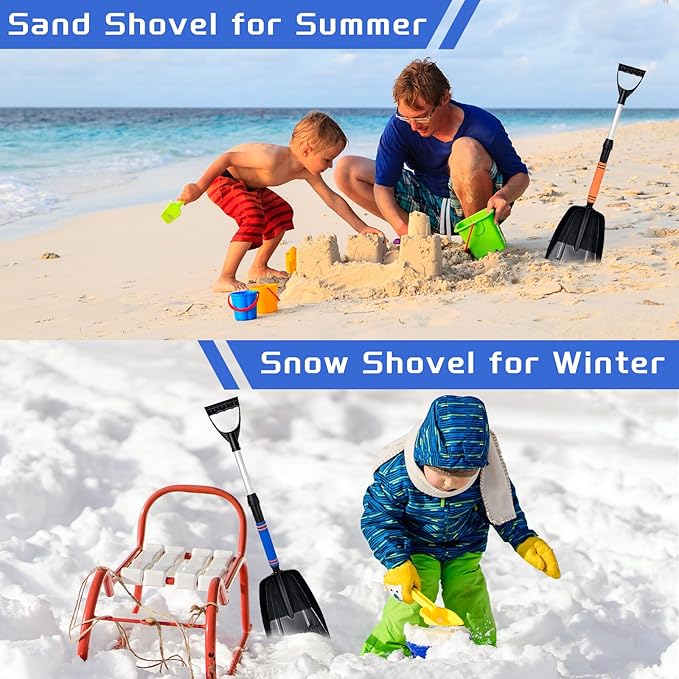 2 Pack Kids Snow Shovel, Lightweight Aluminum Snow Shovels with Adjustable D-Grip Handle, Detachable Parent-Child Playing Snow Removal Winter Emergency Tools Ice Shovel for Cars Driveway Garden