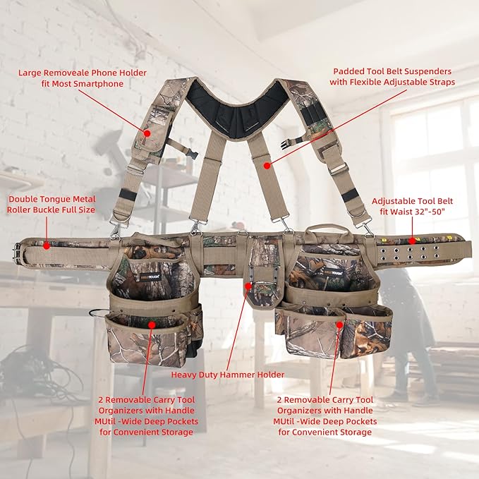 MELOTOUGH Camo Tool Belt with Suspenders Camouflage Tool Bag Supenders Framers Comb Apron Tool Belt Construction Tool Pouch Suspenders Heavy Duty Carpenter Suspension Rig for Electrician