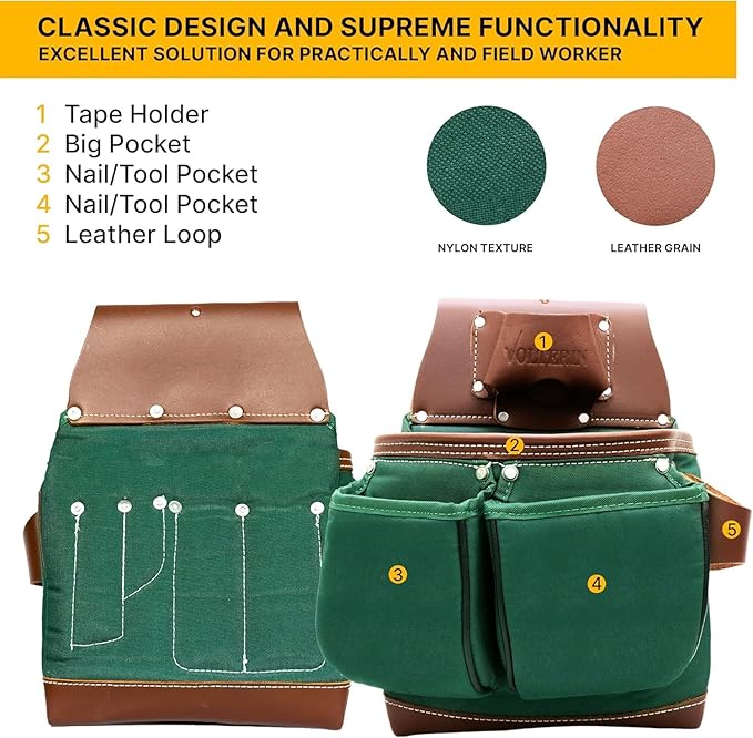 Leather & Nylon Tool Belt for Men – Heavy Duty 22-Pocket Framer’s Tool Bag for Carpenters & Electricians (Green, One Size)