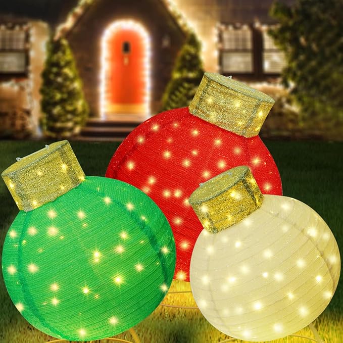 Giant Lighted Pop-Up Christmas Ornaments for Outdoor Display, 3-Piece Holiday Ball Decorations with 240 LEDs, Red/Green/White for Yard or Lawn