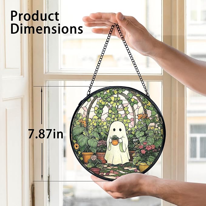 TNUW Halloween Ghost Stained Glass Window Hanging, Halloween Ghost Plant Sun Catchers Indoor Window Glass Round Wall Art Decor, Plant Lover Gifts for Women Wall Hanging Decorations, 7.9＂x7.9＂