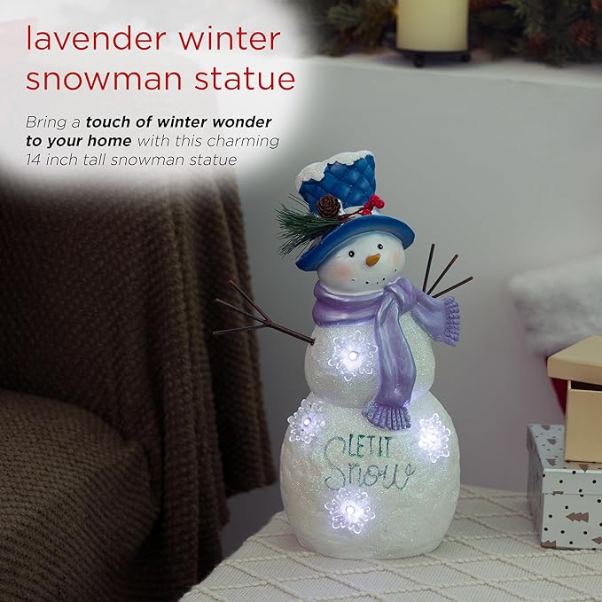 Alpine Corporation 14”H Lavender Winter "Let It Snow" Snowman Statue with Fading LED Lights, Christmas Decor