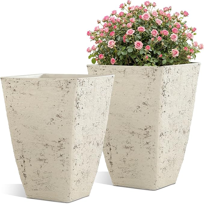18.9" H Country White Square Planters for Outdoor Plants,Set of 2 Large Flower Pot with Drainage Hole, Weather-Resistant for Porch,Garden,Patio or Indoor Use. Ideal for Christmas Decoration