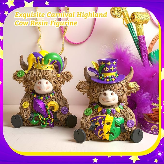 2 Pack Mardi Gras Highland Cow Resin Figurine Mardi Gras Bathroom Highland Cow Gnomes with Mask Starfish Resin Statue for Garden Table Shelf Home Decor Calf Gnome Herd Gifts