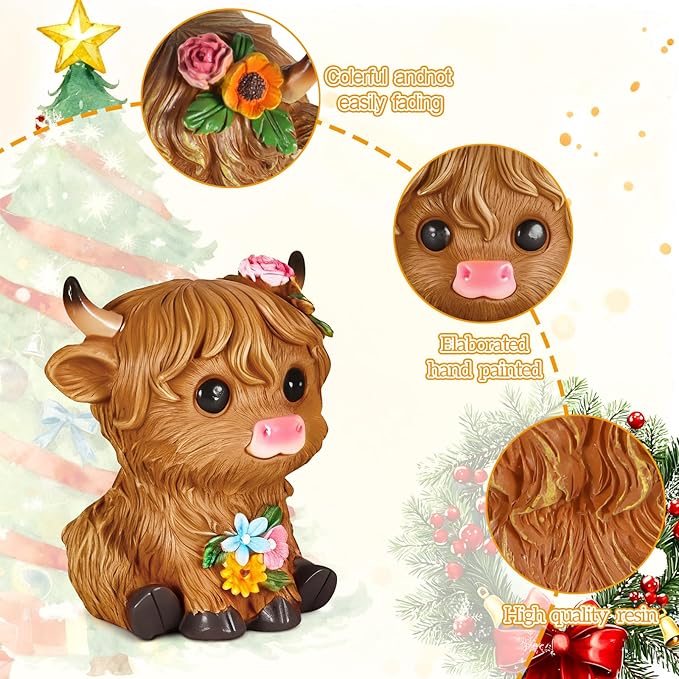 Highland Cow Statue Resin Birthday Gifts for Women,Mom,Beautifully Crafted Home Office Farmhouse Kitchen Decorations Garden Figurine