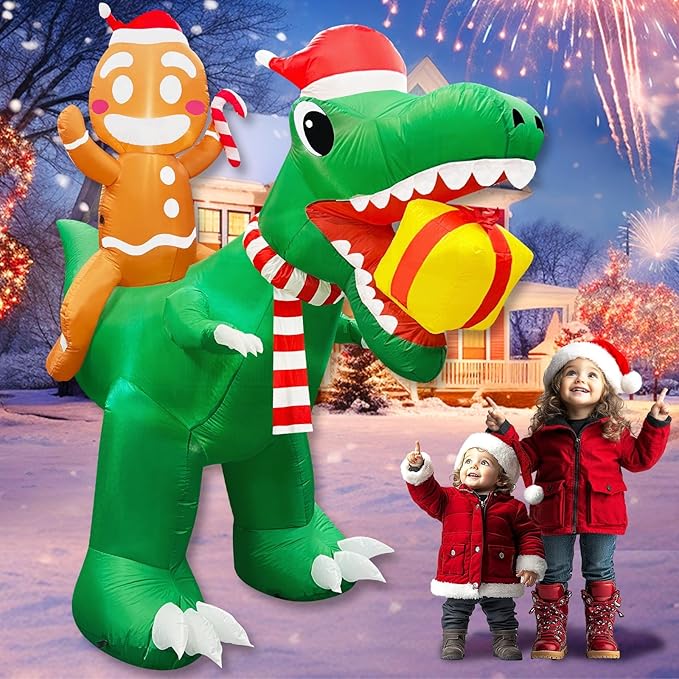 8 Ft Christmas Inflatable Gingerbread Man Ride on Dinosaur with Gift Box Outdoor Decoration Built-in LED Lights, Blow up Christmas Yard Decoration for Party Lawn Holiday Garden Decor Outside