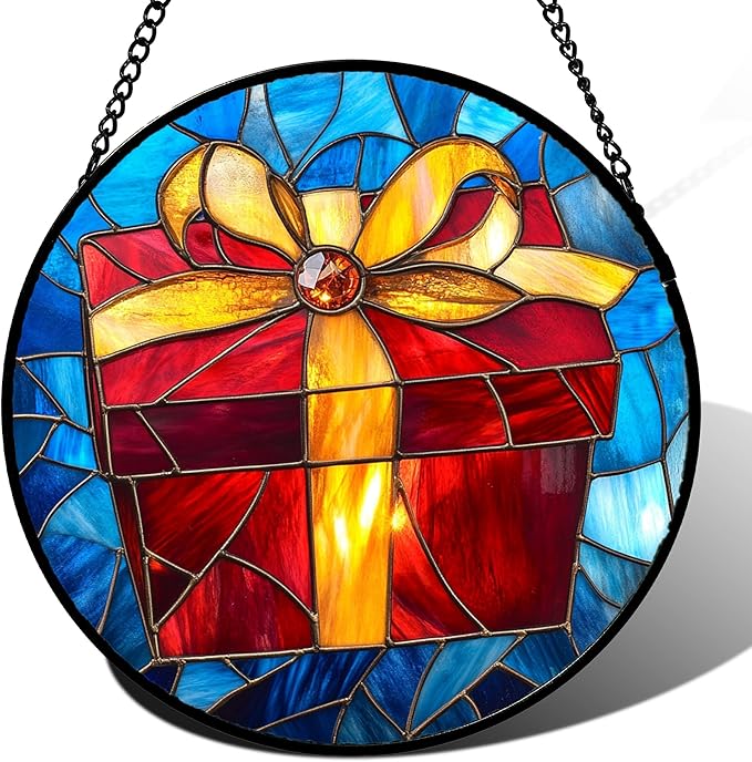Stained Glass Window Hanging - Gold Red Gift Box Suncatcher for Doors Home Christmas Decoration Sun Catcher Thanksgiving New Year Birthday Gifts for Friend Women Men Mom Nana 15 in