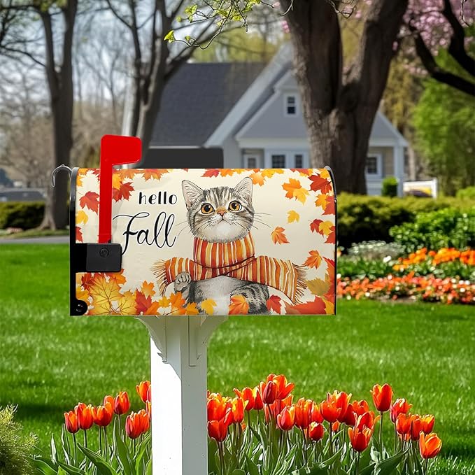 Hello Fall Mailbox Cover Cat Mail Box Covers Magnetic Standard Size 21x18 inch Maple Leaf Mailbox Wrap for Outside Garden Yard