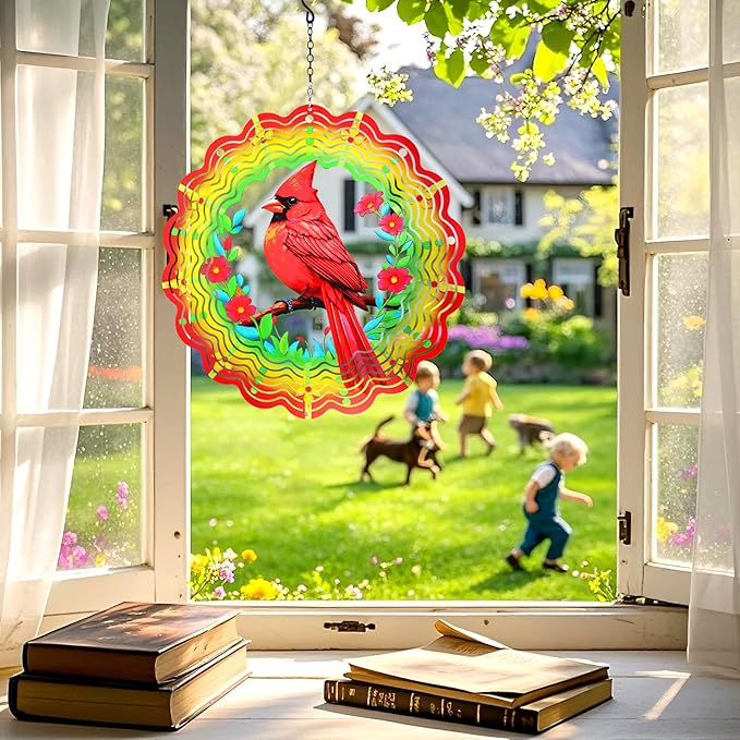 Metal Wind Spinners Outdoor,Cardinal Hanging Wind Spinner Gifts for Women Men,12 inch 3D Stainless Steel Wind Catchers Kinetic Sculpture for Garden Decor,Outside,Yard,Patio,Backyard,Porch Decoration