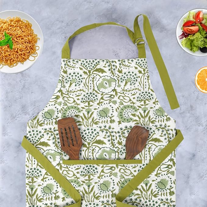 CPC Cotton Floral Kitchen Apron for women with Pocket and Adjustable Neck Ties. Apron for Women Men Chef-Hand Block Printed