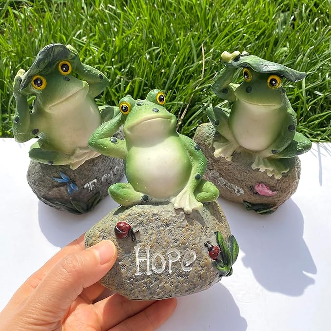 Inspirational Frogs Garden Statues, 3 Pack Frog Sitting on Stone Sculptures Outdoor Decor for Patio, Yard, Pond & Fairy Garden