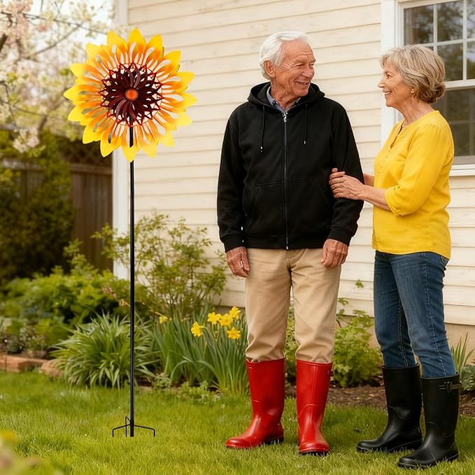 Sunflower Wind Spinners, 360 Degrees Swivel Metal Wind Sculptures, 76" Large Garden Pinwheels for Yard Lawn Patio Decor