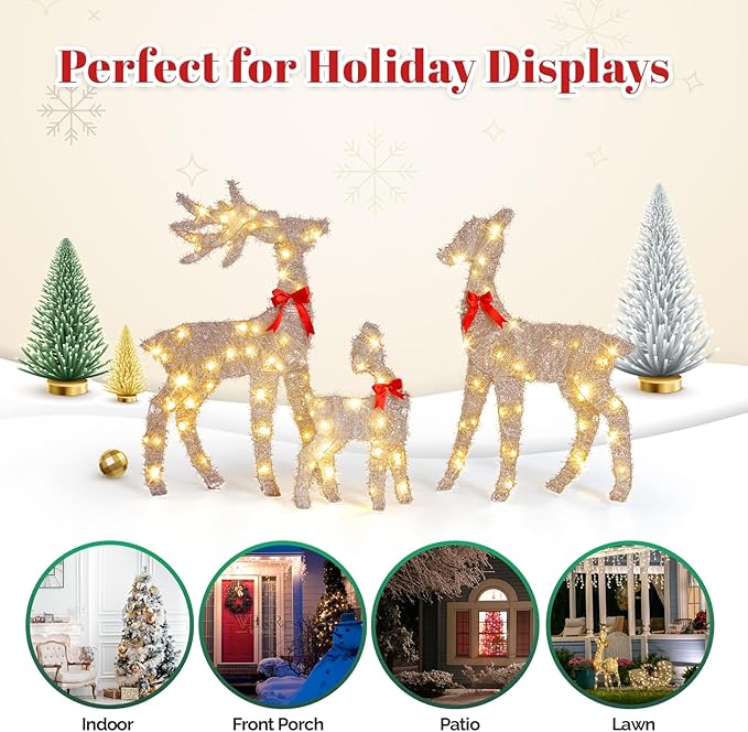 VINGLI 3-Piece Lighted Tinsel Christmas Reindeer Family Set, 3FT White Buck Doe Fawn Outdoor Yard Decorations, Pre-lit 110 Warm White LED Lights, Weatherproof Xmas Lawn Garden Home Decor