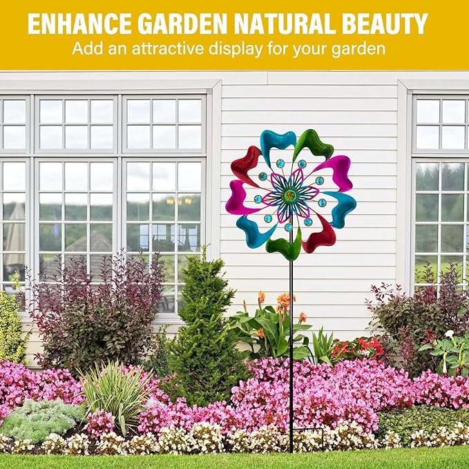 45" Flowers Wind Spinners for Yard and Garden, Sapphire Colored Leaves Kinetic Wind Spinner Outdoor Decor, Wind Sculpture Yard Art Decorations for Patio, Lawn & Garden