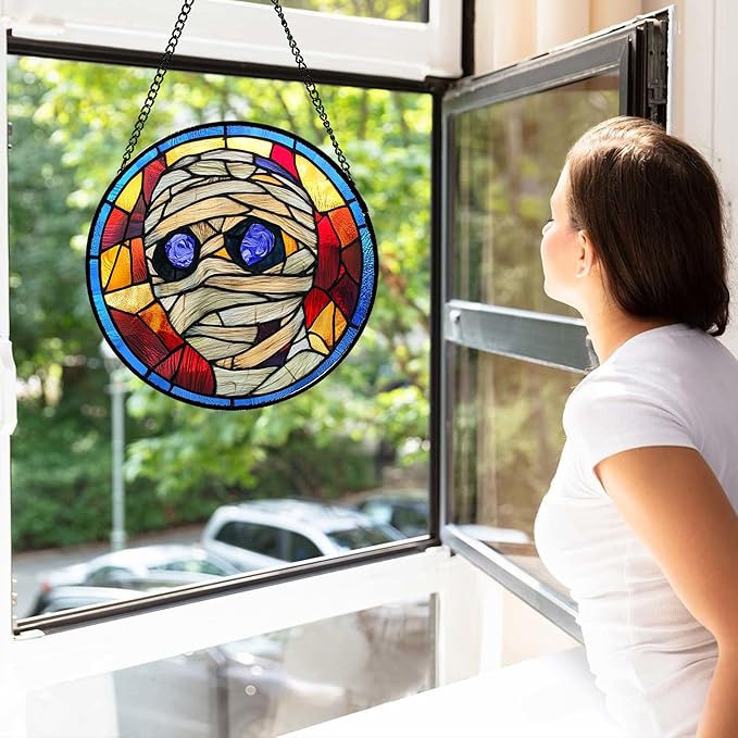 Stained Glass Window Hanging Halloween Blue-Purple Eyeball Mummy Large 11.8" - Suncatcher Door Garden Sun Catcher Gothic Decor Birthday Horror Funny Gift for Mom Woman Nana Friend Men