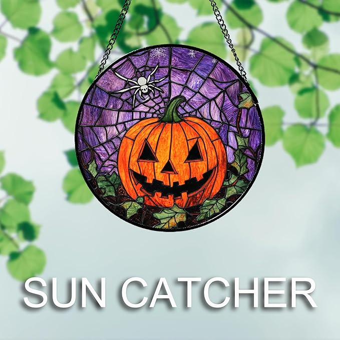 Stained Glass Window Hanging Halloween Golden Horror Pumpkin 15" - Suncatcher Door Garden Sunroom Black Spider Web Sun Catcher Birthday for Friend Mom Men Woman Nana