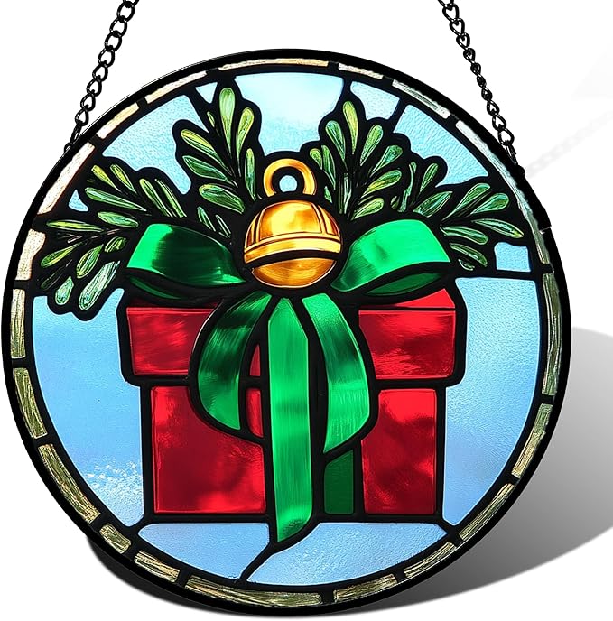 Stained Glass Window Hanging - Green Pine Branch Gift Box Suncatcher for Doors Home Christmas Decoration Winter Sun Catcher Thanksgiving New Year Birthday Gifts for Women Men Mom Nana 9.8 in