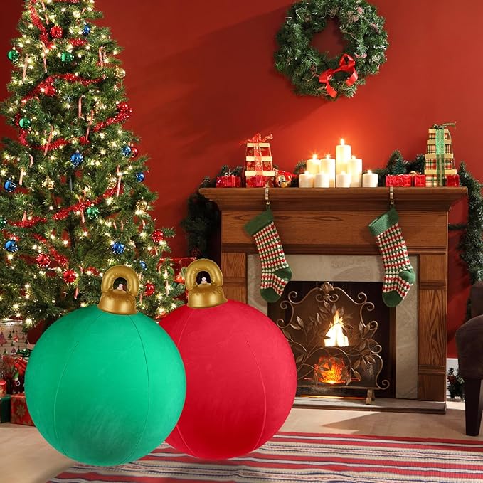 [Velvet] Inflatable Ornaments Balls Outdoor 2Pcs - 24 Inch Large Inflatable Christmas Ornaments, Reusable Blow Up Christmas Ornaments, Inflatable Christmas Balls Decorations for Yard | Tree | Indoor