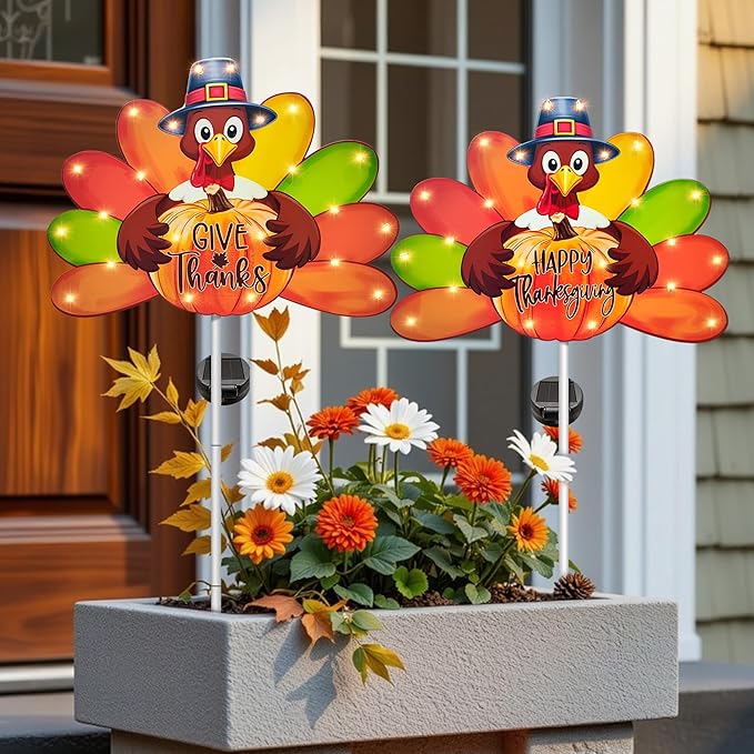 Hexagram Thanksgiving Decorations Outdoor, Solar Turkey Garden Stake Lights, 41 Inches Metal Turkey Give Thanks Decorations, Happy Thanksgiving Outdoor Decor Lights for Outside Yard Lawn Pathway