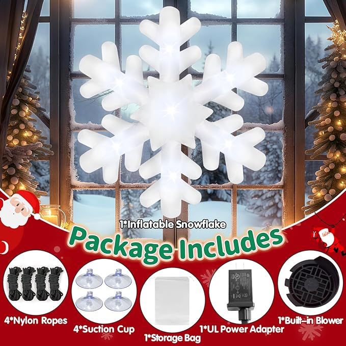 6FT Christmas Hanging Inflatable Snowflake Giant Blow Up Snowflake Ornaments Built-in 7 LED Lights for Christmas Inflatables Outdoor Decorations Winter Xmas Party Supplies Window Roof Wall Yard