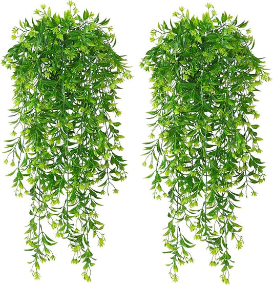 TOCHGREEN 4Pcs Artificial Hanging Plants Fern Vine, Faux Plastic Plants Fake Ivy Vine Greenery Garland with Green Flower, Outdoor Indoor Decorations for Living Room Garden Wall Home Decor (Green)