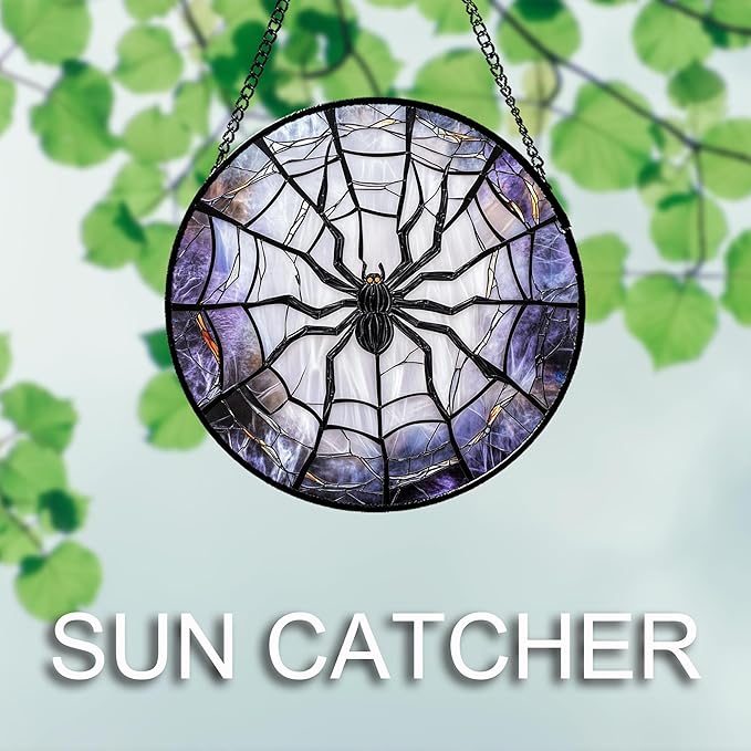 Stained Glass Window Hanging Halloween Gothic Style Funny Black Spider 6.3" - Suncatcher Door Garden Sunroom Sun Catcher Birthday for Friend Mom Men Woman Nana