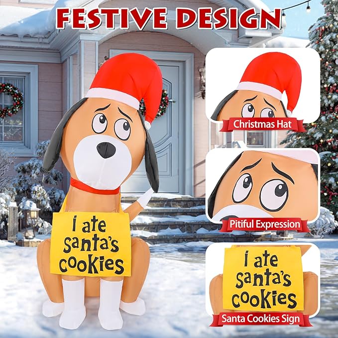 Christmas Inflatable Outdoor Decorations, 4FT Inflatables Cute Dog Yard Decorations Decor with 2 LED Lights, Blow up Santa Puppy Holiday Decor for Indoor Outside Lawn Garden