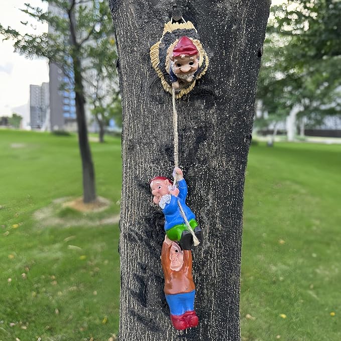 Teaeeno Gnome Climbing Tree and Tree Stump Decor,Garden Gnome Statue Set,Vivid Fairy Gnome Outdoor Sculpture,Whimsical Gnomes Miniature Figurines,Micro Gnome Landscape Figurine for Lawn Balcony Patio
