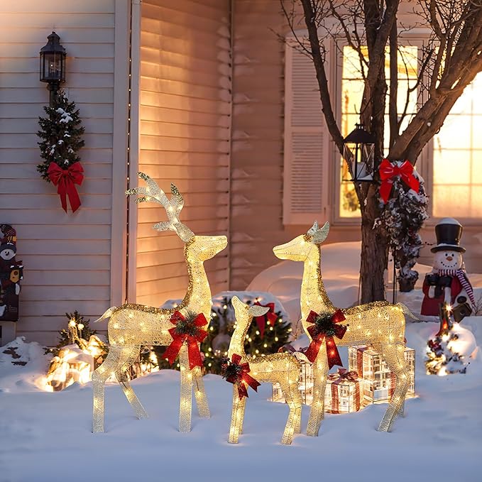 LuxenHome 3PCs Reindeer Christmas Decoration, Glitter White Mesh Indoor & Outdoor Christmas Decor with Red Bow and Pinecone, 200 Warm White LED Lights, Xmas Decorations for Front Porch, Lawn Display
