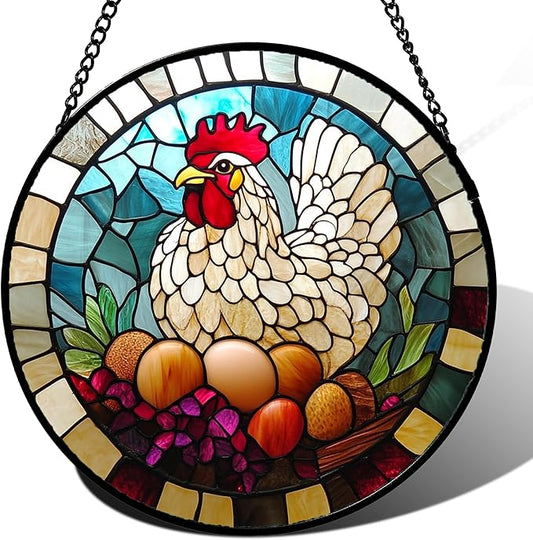 Stained Glass Window Hanging White Chicken Hatching Eggs 6.3" - Suncatcher Door Garden Sunroom Sun Catcher Home Decor Birthday Christmas for Mom Men Woman Nana