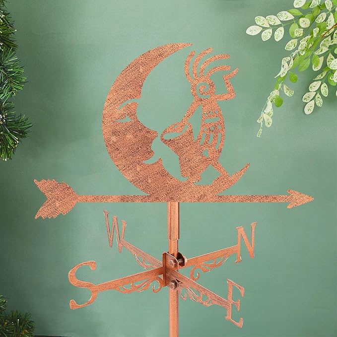 SUPERDANT Kokopelli Weather Vane Moon Wind Vanes for Yard Metal Weathervane Roof Mount for Gardens Outside Reddish Copper Weathervanes Farmhouse Farm Barn Sheds Patio Decorations