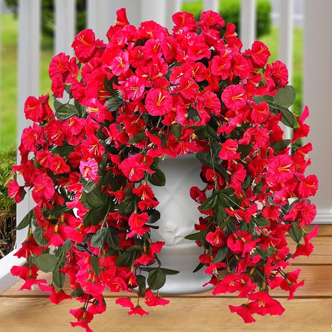 Sggvecsy Artificial Fake Hanging Flowers Plants for Outdoor Outside Spring Summer Decoration 4PCS Faux Silk UV Resistant Realistic Morning Glory Trailing Vines for Home Porch Patio Balcony(Rose red)