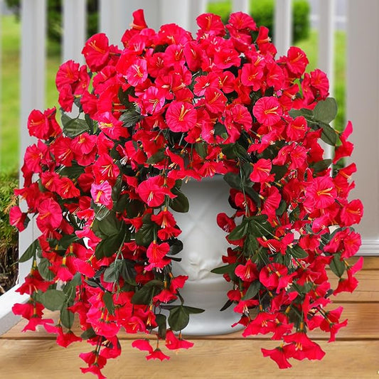 Sggvecsy Artificial Fake Hanging Flowers Plants for Outdoor Outside Spring Summer Decoration 2PCS Faux Silk UV Resistant Realistic Morning Glory Trailing Vines for Home Porch Patio Balcony(Rose red)