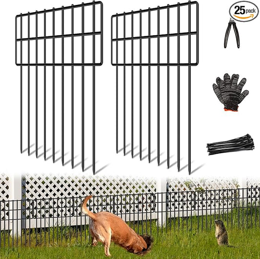25 Panels Garden Fencing Animal Barrier, 17in (H) X 27ft (L) Dog Dig Fence Barrier, 1.25in Gap Rustproof Metal Stakes Decorative Garden Fence, Ground Defense Border Fence for Outdoor, Yard, Patio