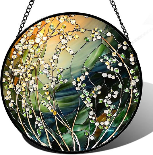 Stained Glass Suncatcher, Yellow Green Gradient Flower Sun Catcher Plants Stain Glass Window Hanging Decoration Mother's Day Birthday Gifts for Women Men Mom and Nana 7.8 in