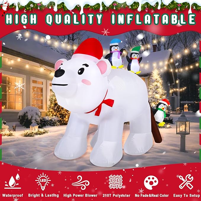 8FT Long Christmas Inflatables Decorations, Outdoor Penguins & Polar Bear Giant Blow Up with Built-in LED Lights for Yard Garden Lawn Holiday Decor