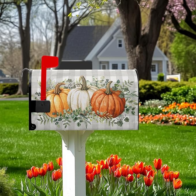 Pumpkin Mailbox Cover Harvest Fall Mailbox Covers Magnetic Standard Size 21x18 inch Green Eucalyptus Leaf Mail Box Covers Pumpkins Decorative Mailboxes for Outside Garden Buffalo Plaid